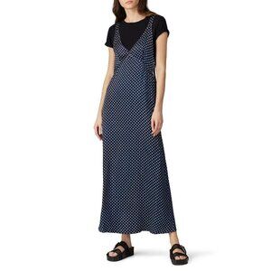 R13 Navy Blue Star Print V-Neck Sleeveless Silk Maxi Dress Women's Size Small S